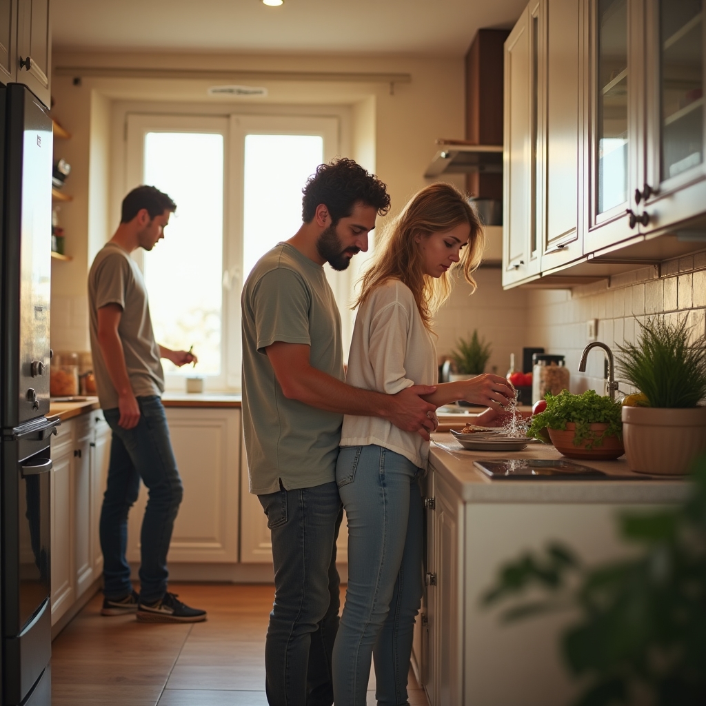 Famiglia che collabora nelle faccende domestiche con distribuzione equa dei compiti