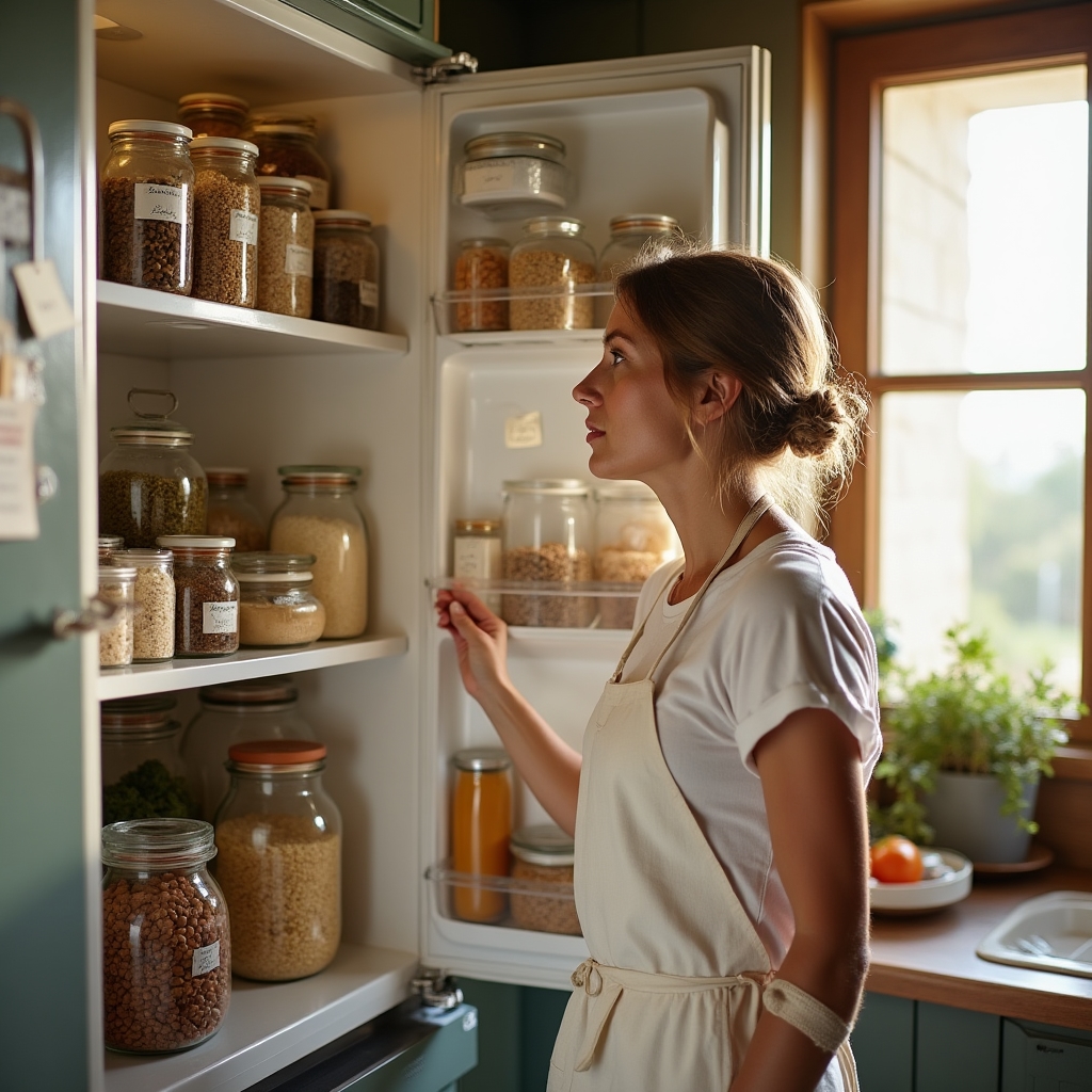 Cucina organizzata con contenitori etichettati e pianificazione dei pasti sul frigorifero