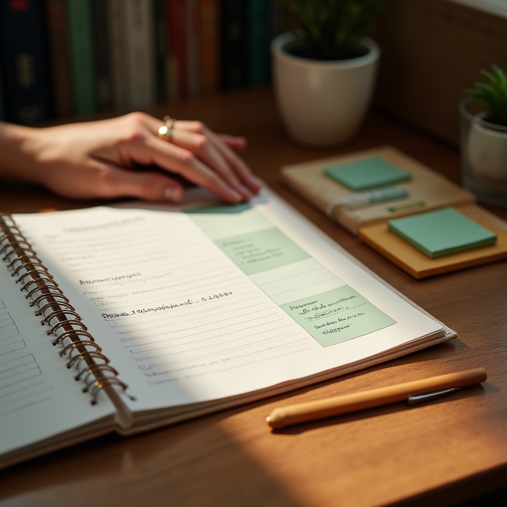 Scrivania organizzata con agenda settimanale e materiali di pianificazione